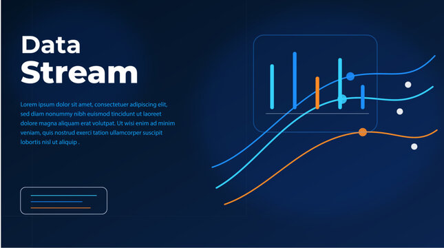 Data Stream infographic vector, futuristic business dashboard with bar charts and wave lines, dark blue digital analytics interface background vector