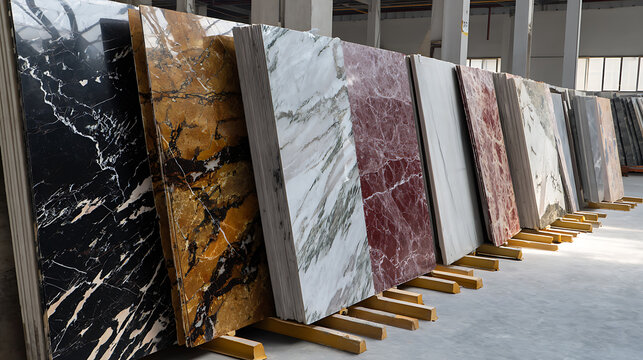 Selection of vibrant natural stone slabs showcasing a variety of colors and intricate patterns, perfect for luxurious architectural design projects