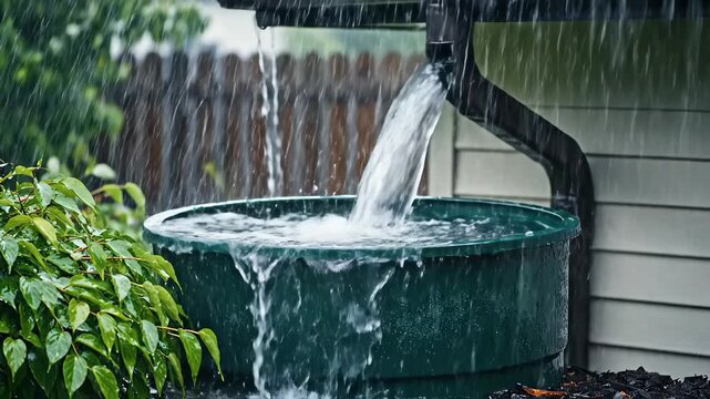 Rainwater flowing from gutter into green collection barrel during storm. Perfect for eco-friendly content, sustainability themes, weather visuals, practical home solutions showcasing natural resources
