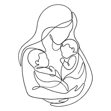 Continuous line drawing of a mother holding two small babies now