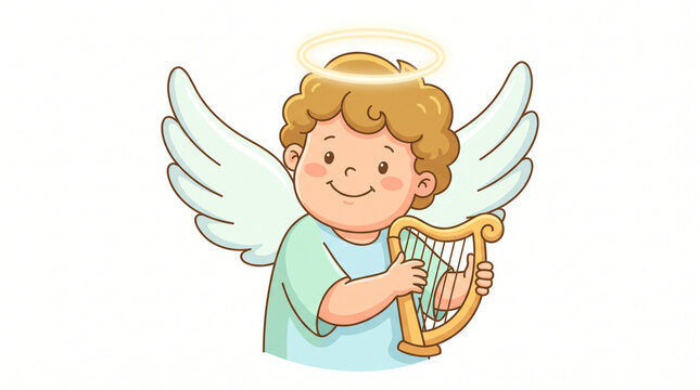 Cute Little Angel Boy with Halo and Wings Playing Golden Harp Musical Instrument