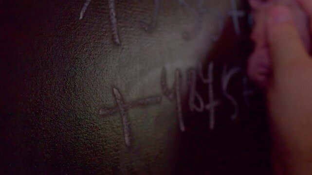 Close up of hand erasing numbers from chalkboard with wet rag.A macro shot with shallow depth of field showing a hand wiping away chalk numbers from a blackboard using a damp cloth