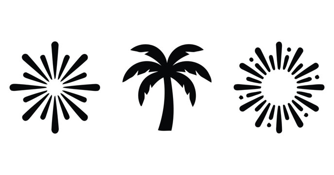 Black silhouettes of fireworks palm tree and burst shape against a white background