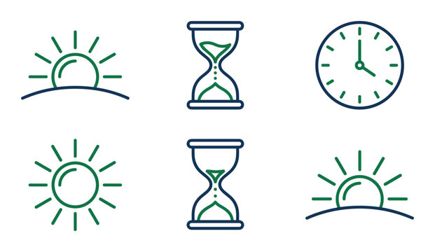 Sunrise sunset icons with hourglass and analog clock face