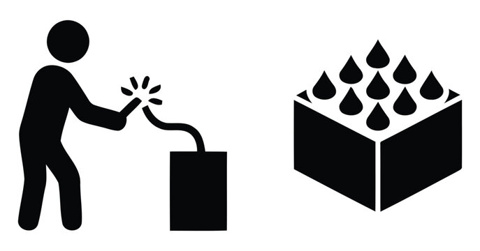Fireworks display icon with person lighting fuse and exploding box black silhouette on white