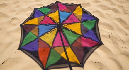 Fototapeta premium Umbrella street art graffiti in sandy beach environment for summer marketing, tourism promotion, and creative branding success