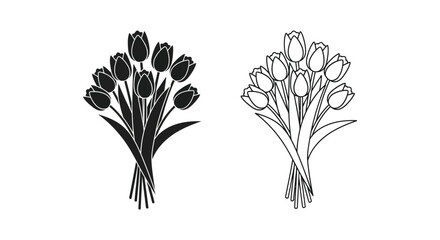 Tulip bouquet vector set, black silhouette and line art flower bunch, spring floral botanical elements for wedding invitations and greeting cards © Shanara