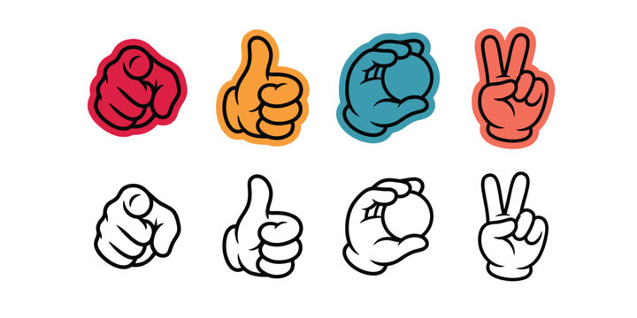 Retro cartoon hand gesture icons in vintage comic style for sticker packs and app interfaces