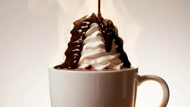 Hot Cocoa Cup With Whipped Topping And Chocolate Drizzle Against Clean White Background