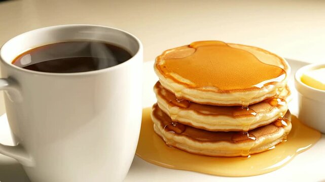 Hot Coffee And Fluffy Pancake Stack Drizzled With Syrup On A Pale Cream Surface For Breakfast Photography