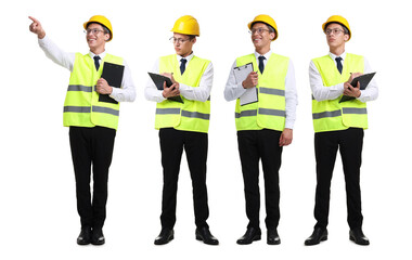 Obraz premium Engineer with vest and hard hat. Portraits of man on white background, collection