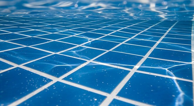 Pool water surface with blue tiles and white grout lines reflecting light ripples featuring reflection, aquatic, tile pattern with underwater view