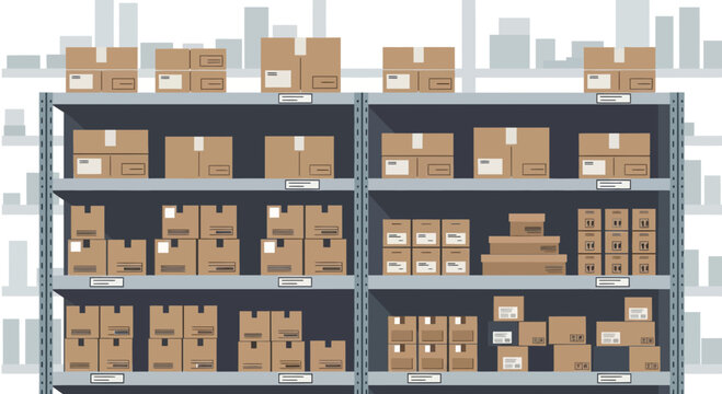 Warehouse shelves stacked with cardboard boxes, logistics and storage concept