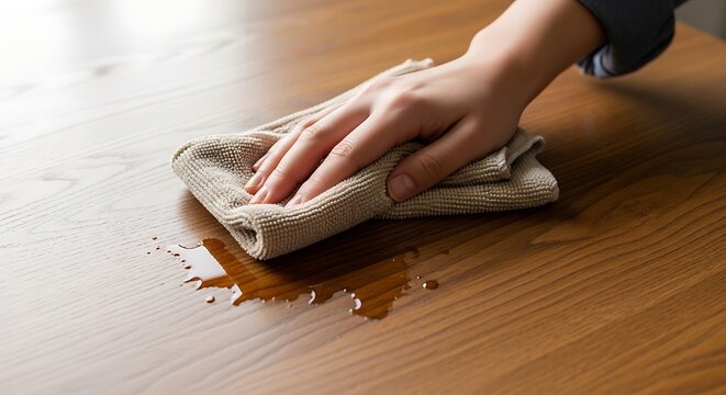 Hand Cleaning Wooden Surface Spill.