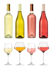 Fototapeta premium Rose and white wine in bottles and glasses on transparent background