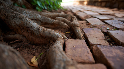 Fototapeta premium Old tree roots intertwine with a weathered brick pathway, showcasing nature's reclaim and rustic texture, a tranquil outdoor scene