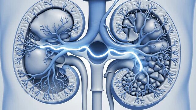 Intricate Anatomical Illustration of Human Kidneys with Detailed Vascular and Nephron Structures Against a Light Blue Background for Educational and Medical Use