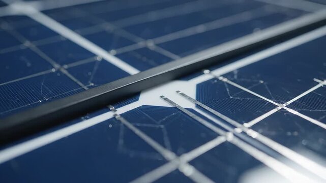 Close-up of blue solar panel cells with metallic grid lines. Perfect for renewable energy, sustainability, green technology, industrial innovation content with clean power generation, efficient design