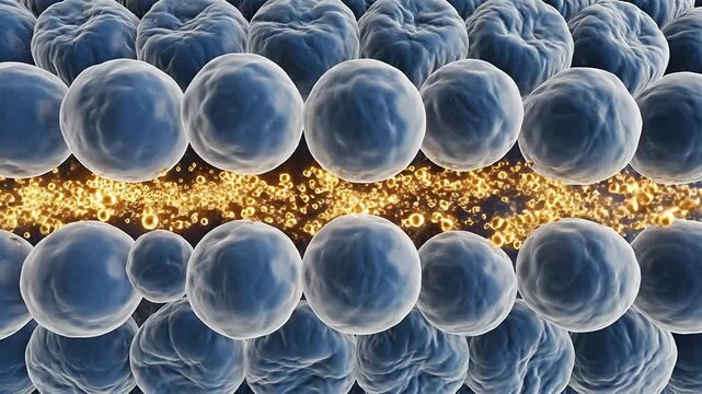 Intricate Close-Up of Blue Cellular Structures with Glowing Golden Particle Stream in Abstract Biology and Molecular Science Visualization
