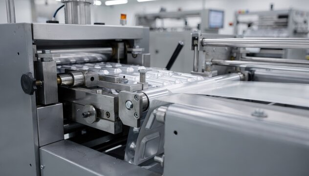 Industrial medium shot capturing coldform blister foil manufacturing process showing metal forming and coating steps for durable medicine packaging.