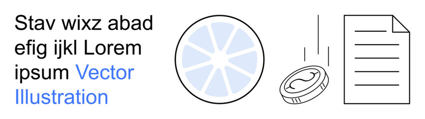 Obraz premium Finance, budgeting, accounting, recordkeeping, currency, abstract business icons. Coin, circular icon and document elements displayed with clean lines. Finance and budgeting concept