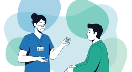 Fototapeta premium Nurse holding vaccine vial for patient, medical consultation, healthcare, vaccination concept