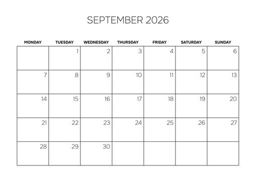 September 2026 Minimalist Monthly Calendar Template Corporate Schedule Grid Layout