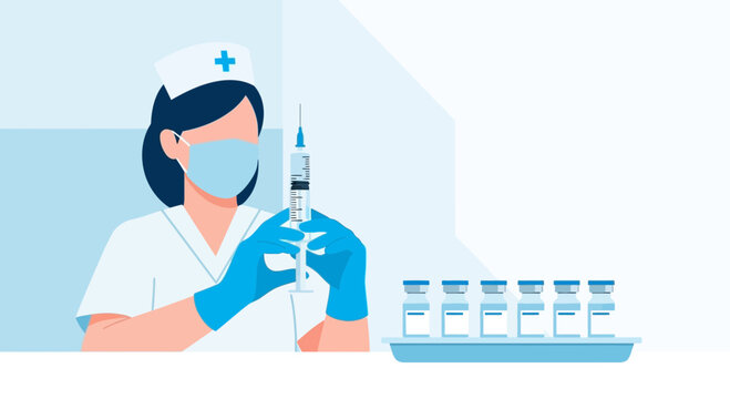 Nurse preparing vaccine injection with vials in tray, medical healthcare concept