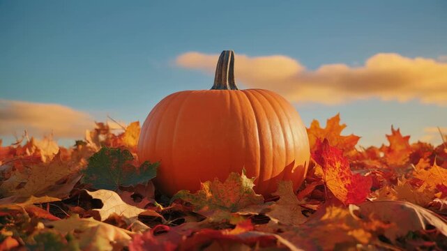 Pumpkin in autumn leaves on a sunny day