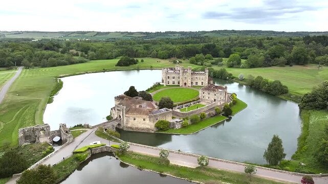 Leeds Castle from a drone, River Len, Kent, England