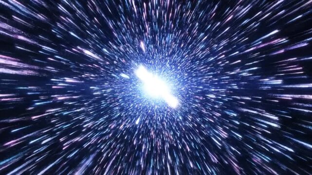 Futuristic blue light streaks representing hyperspace travel in space