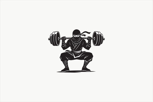 Ninja doing barbell squat exercise vector illustration, strong warrior fitness character isolated on clean background for gym, workout, and strength training themes. Vector illustration.