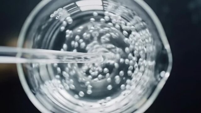 Close-Up Shot of Bubbles in Laboratory Beaker with Swirling Clear Water Demonstrating Fluid Dynamics Under Studio Lighting