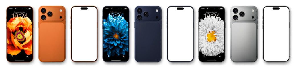 Fototapeta premium Detailed orange, blue and silver mobile phone mockup pack. Front and rear view isolated with shadows. UI mockup whith flowers backgrouind. Vector illustration