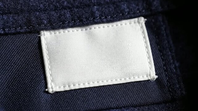 Close-Up View Of A Blank Clothing Label Sewn On Textured Dark Fabric For Fashion Branding And Customization