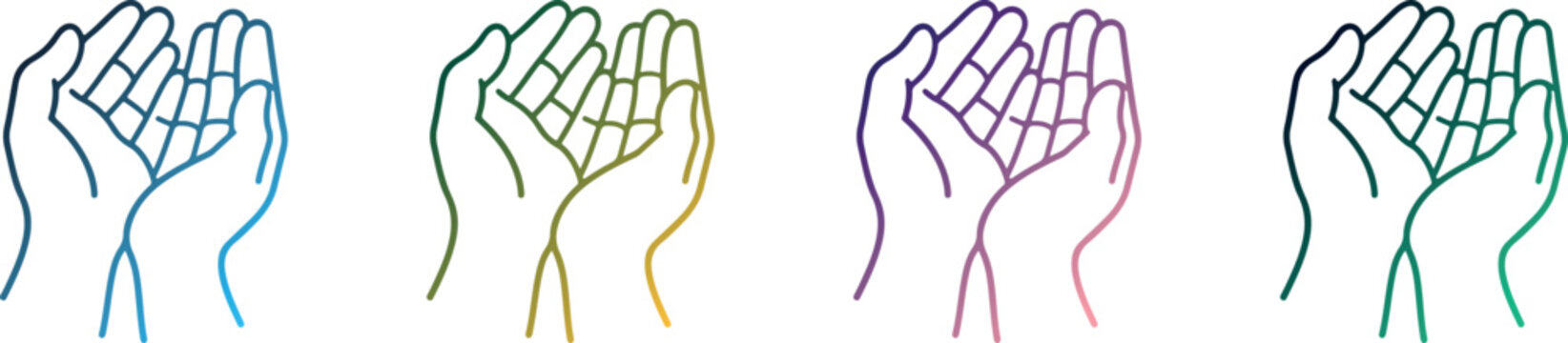 Cupped hands outline vector illustration set in various gradient colorways, open palms offering, holding, or receiving gesture, isolated on white background.