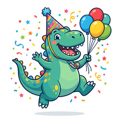 Fototapeta premium Joyful dinosaur celebrating with balloons and confetti