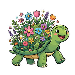 Obraz premium Cute smiling turtle carrying a garden of flowers on its shell