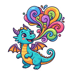 Obraz premium Cute cartoon dragon breathing colorful smoke and swirls