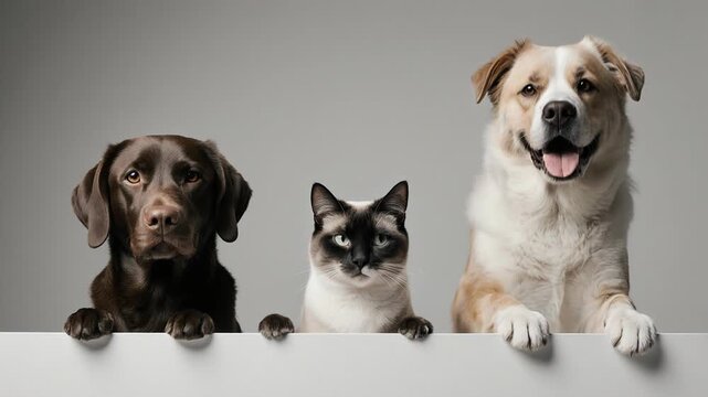 Three pets peeking over white banner with chocolate lab, Siamese cat and cream mixed breed dog