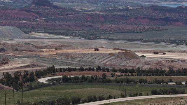 Aerial zoom shot of mining operations near Vernal Utah in high desert