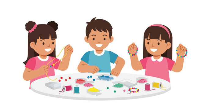 Three happy children sit around a table, joyfully crafting colorful bead jewelry like necklaces and bracelets with various craft supplies.