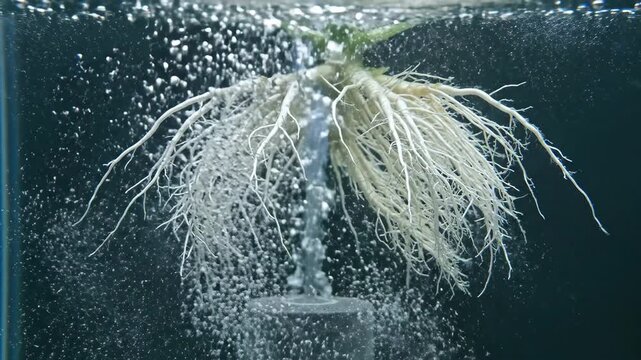 White plant roots growing in clear hydroponic water with oxygen bubbles. Perfect for agricultural science, sustainable farming, educational content, eco-friendly technology with soilless cultivation
