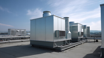 Obraz premium Modern HVAC system units on a commercial building rooftop under a clear blue sky, showcasing industrial infrastructure and energy management technology