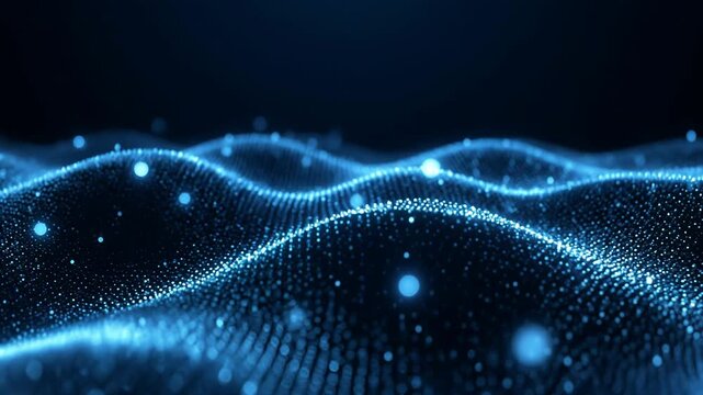 Blue particle waves flowing through dark space in futuristic data landscape background