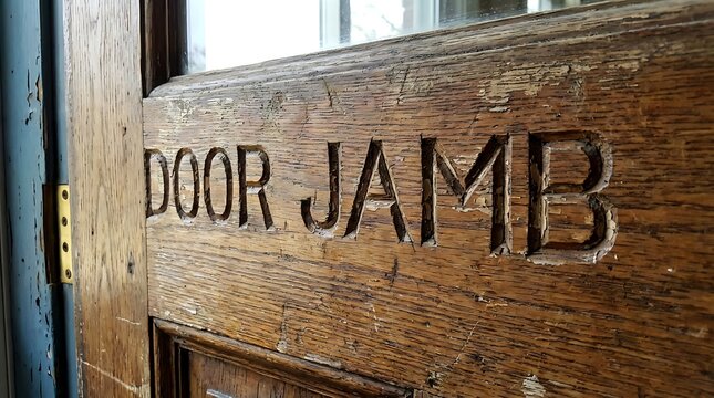 Closeup of carved door jamb lettering on rustic wooden door.