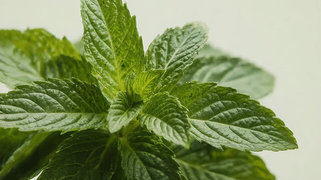 Fresh mint leaves in macro close up with vivid green texture on soft light background