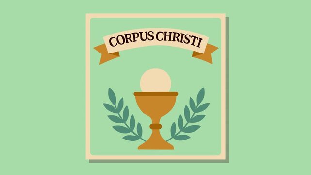 Minimal Corpus Christi themed footage featuring a golden chalice and holy communion wafer with leafy decoration and banner text on soft green background. Perfect for church and Christian worship