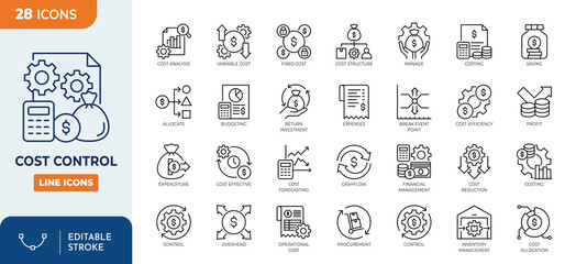 Plakat Cost Control icon set. Contain icons related to cost control, budgeting, expenses, saving, allocation, planning, management, and more. Editable stroke. Vector illustration