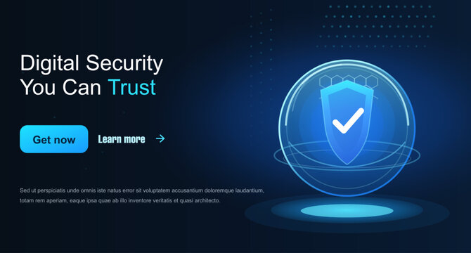 Digital security website banner with glowing shield icon, cybersecurity landing page template, blue futuristic data protection interface vector vector